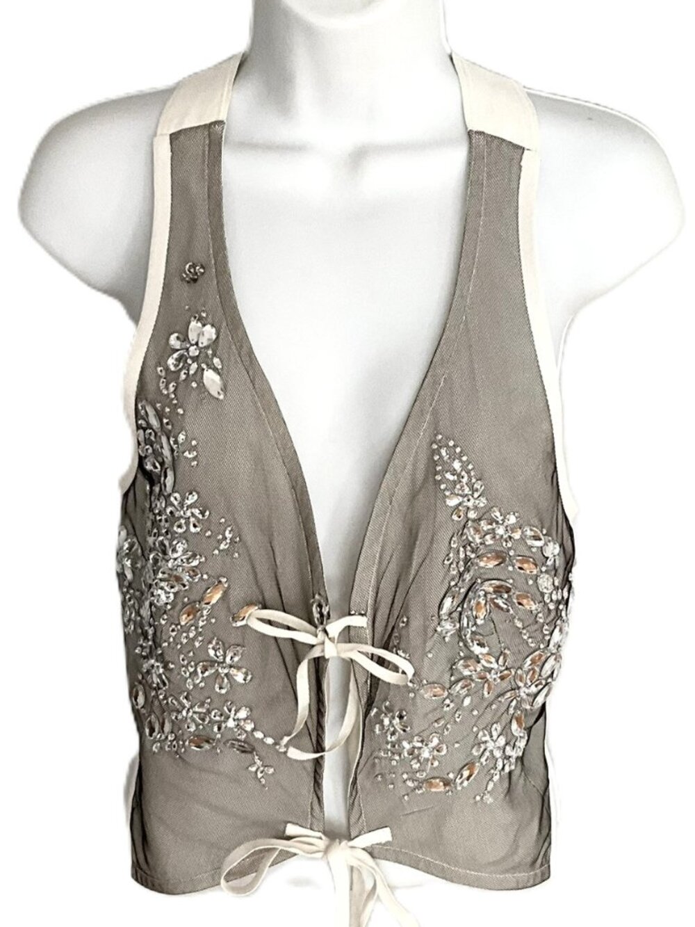 HIGH USE Italy Sheer Vest Crystal Beaded Floral Embroidery Tie Front Gray IT46